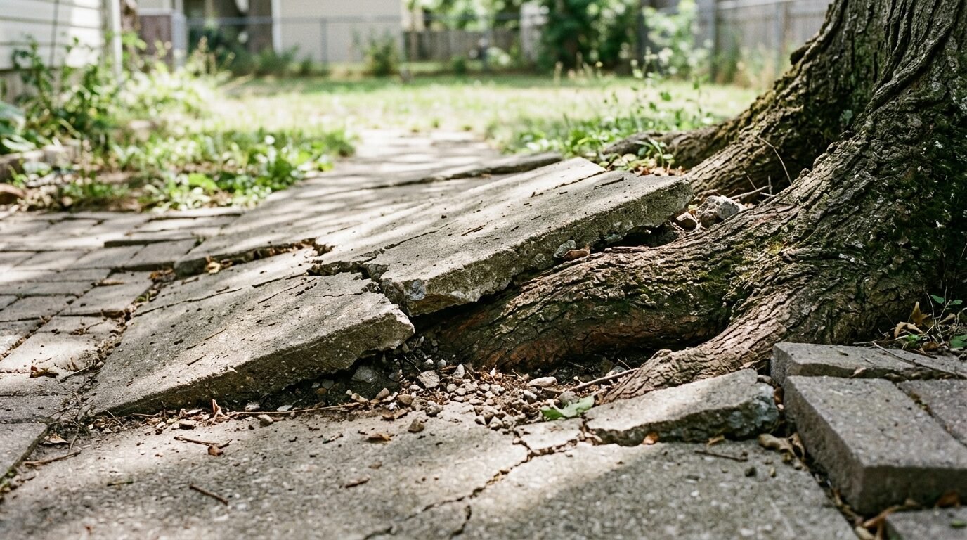 Aggressive tree roots lifting and cracking a concrete path