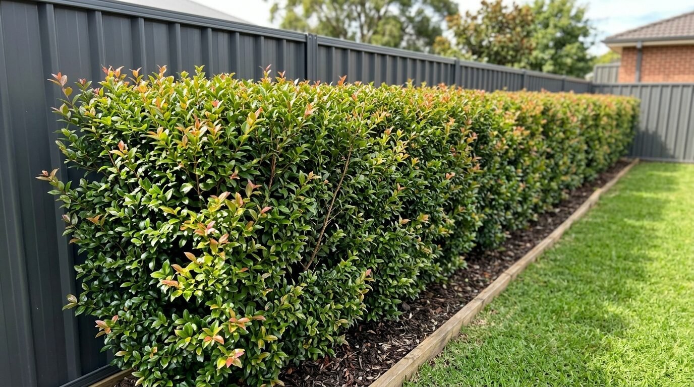 Compact Lilly Pilly hedge running neatly along a boundary fence