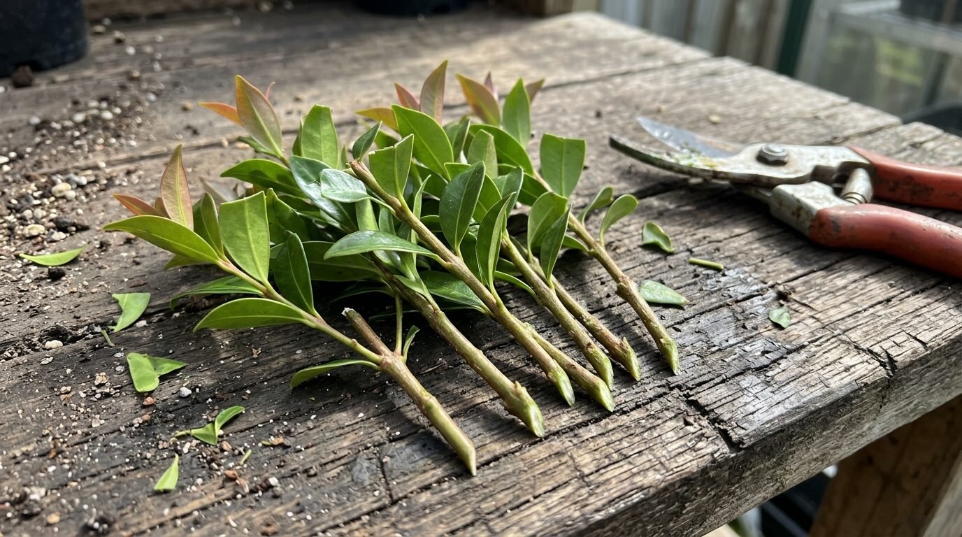 Semi-hardwood Lilly Pilly tip cuttings prepared on a potting bench