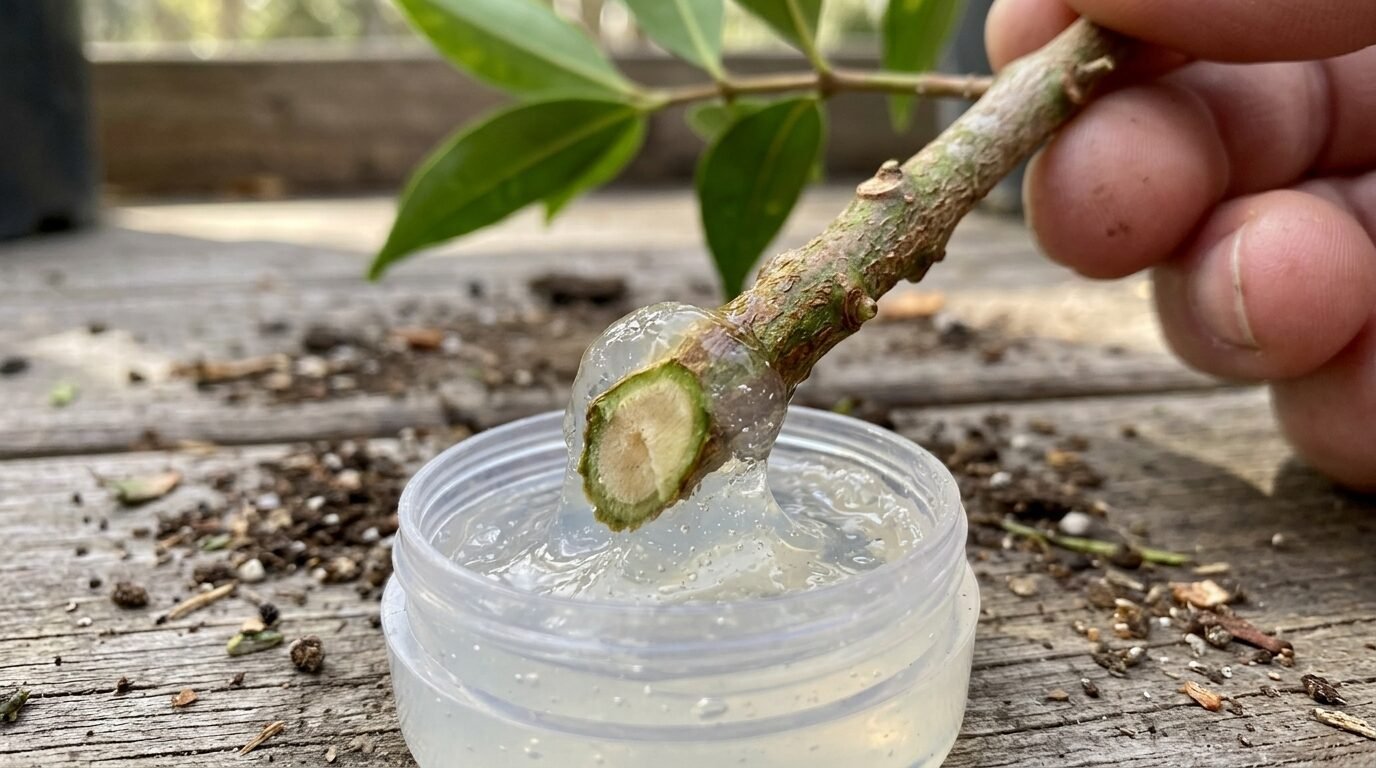 Dipping a Lilly Pilly cutting base into rooting hormone