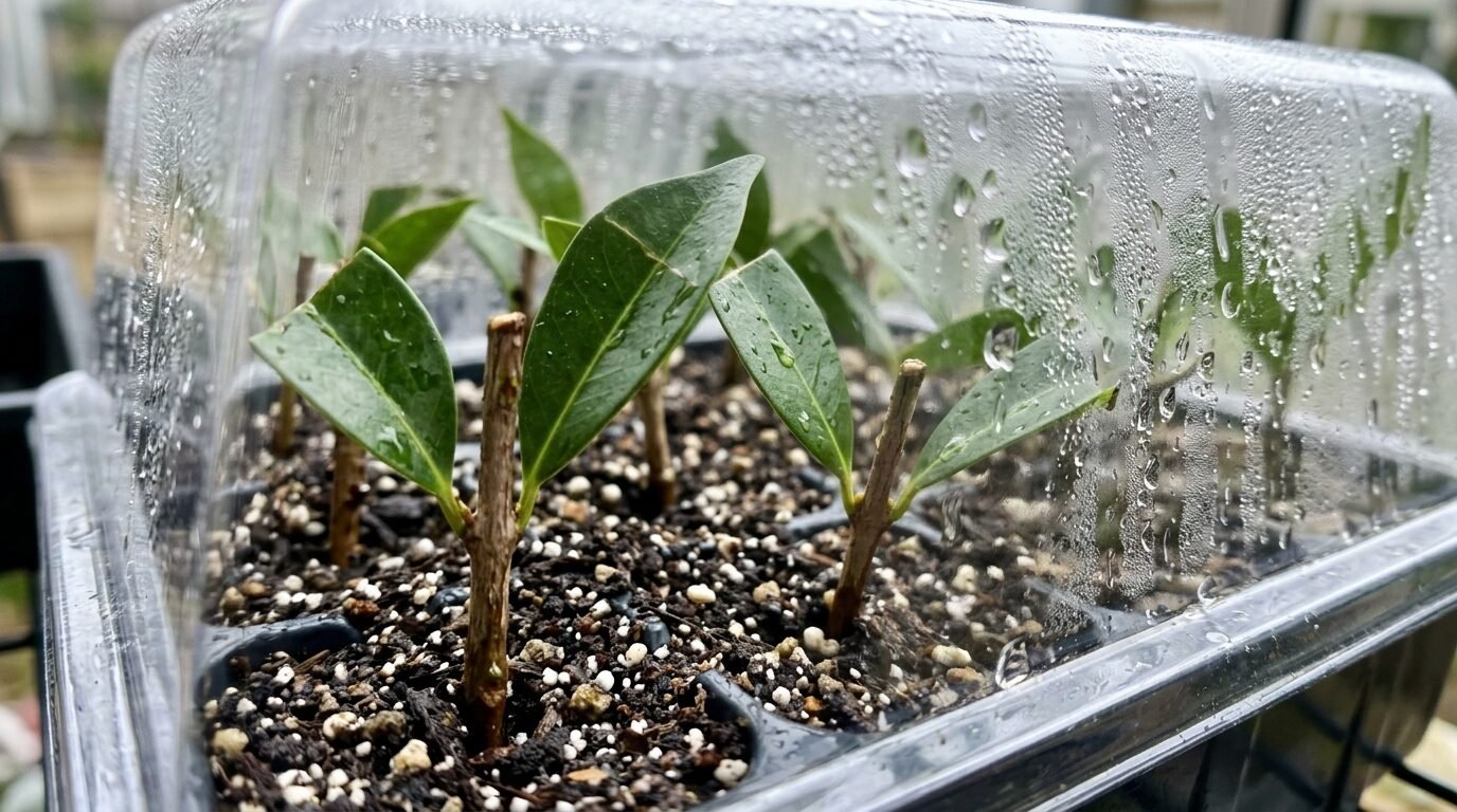 Lilly Pilly cuttings set in propagating mix under a humidity cover