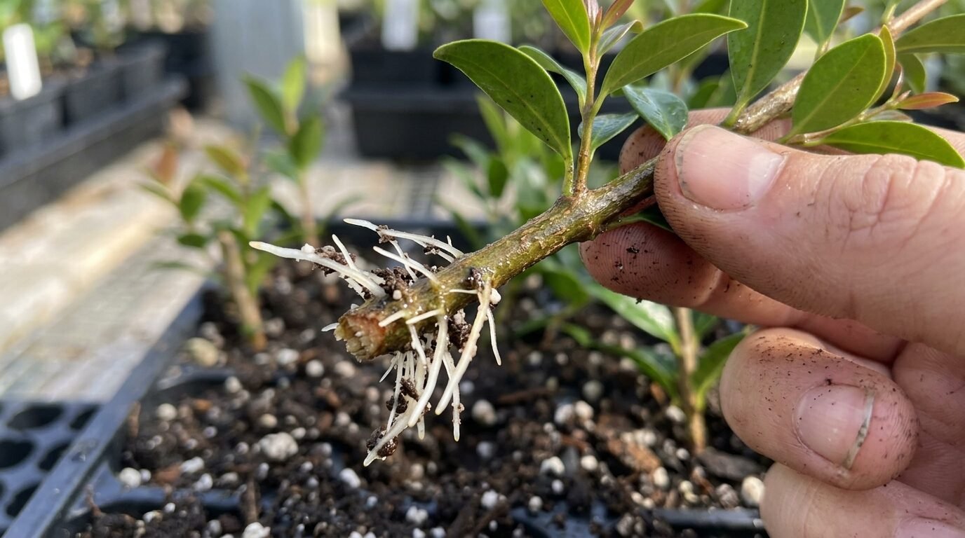 Rooted Lilly Pilly cutting showing fresh white roots