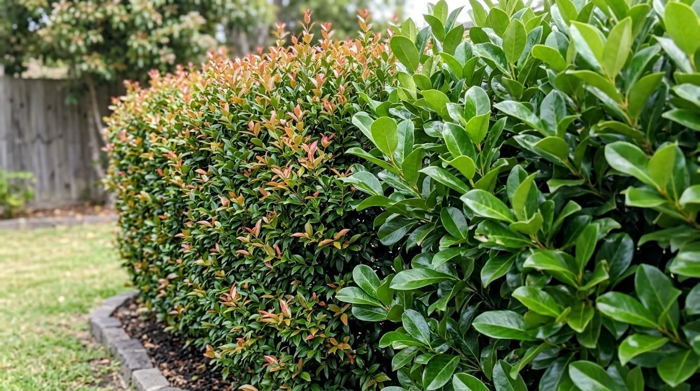 A Lilly Pilly hedge and a flowering Murraya hedge side by side