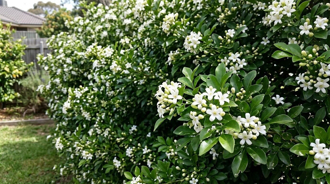Murraya paniculata hedge covered in white fragrant flowers