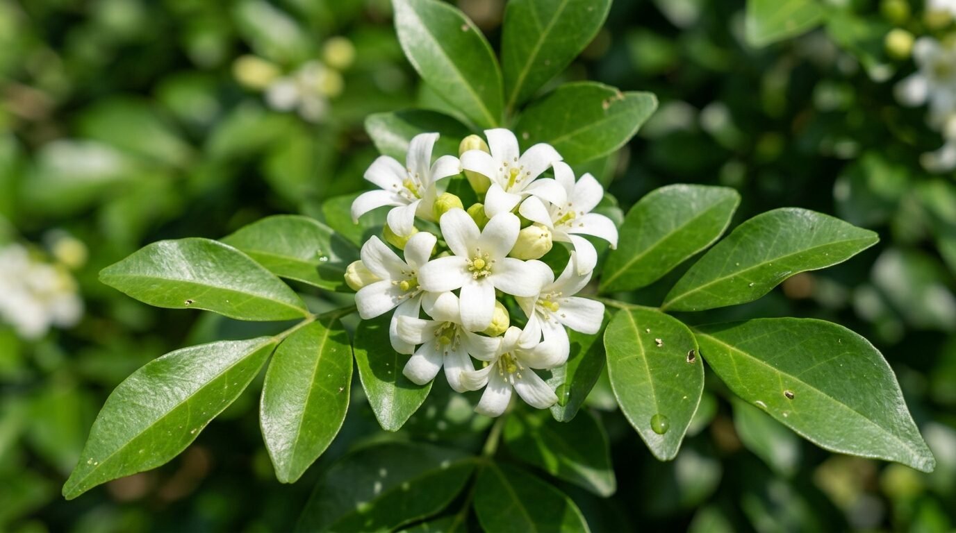 Macro of glossy Murraya foliage with white blossom