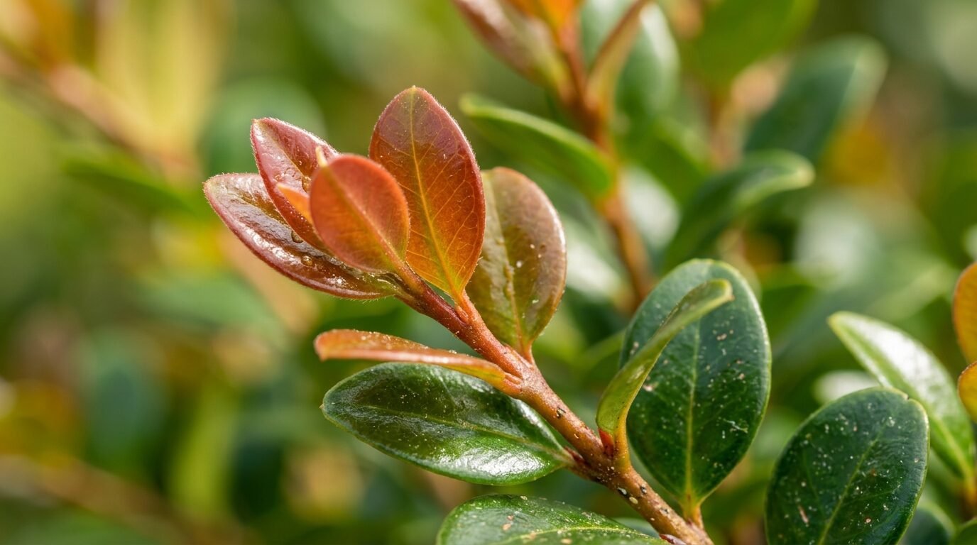 Macro of Lilly Pilly foliage with bronze-red new tips