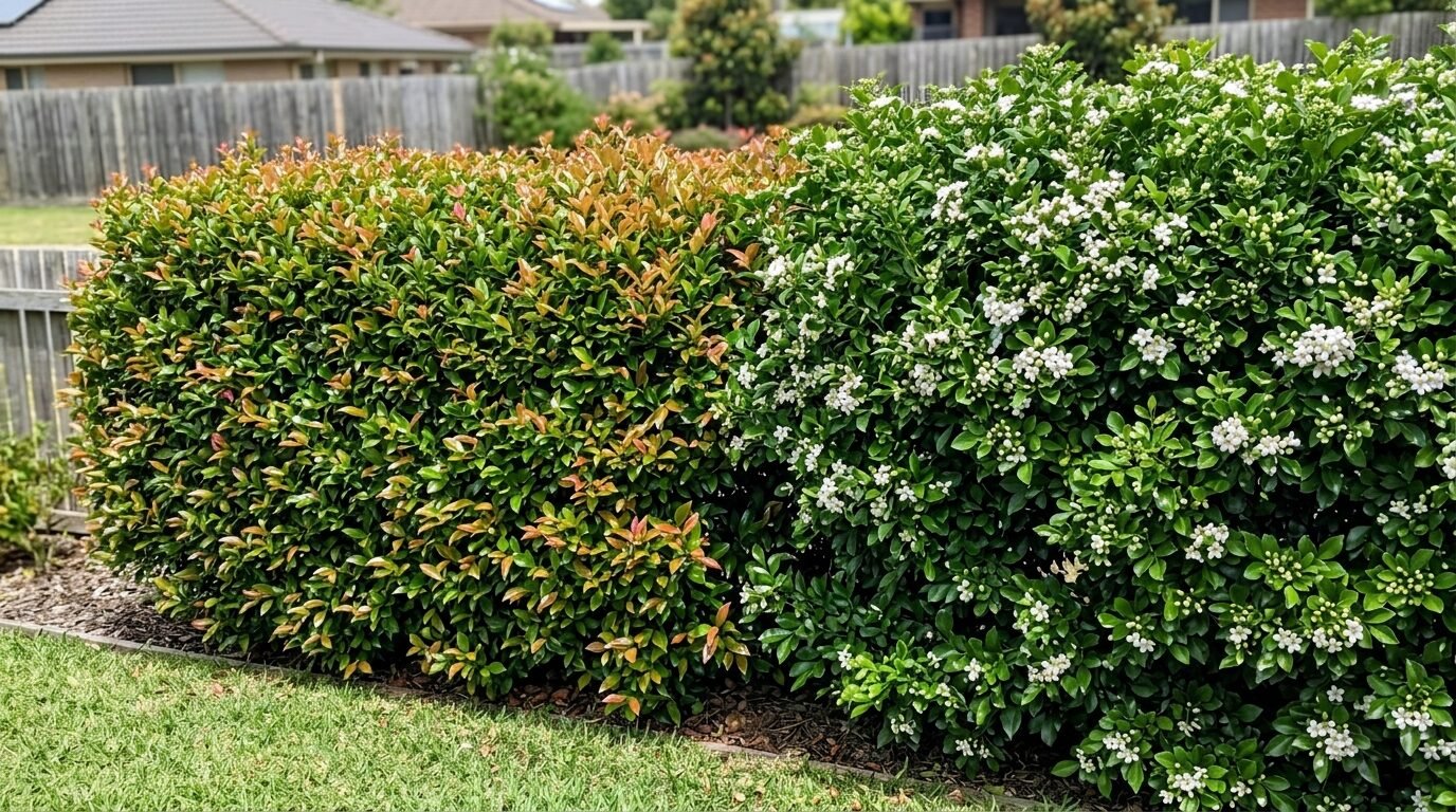 A Lilly Pilly hedge and a Sweet Viburnum hedge side by side