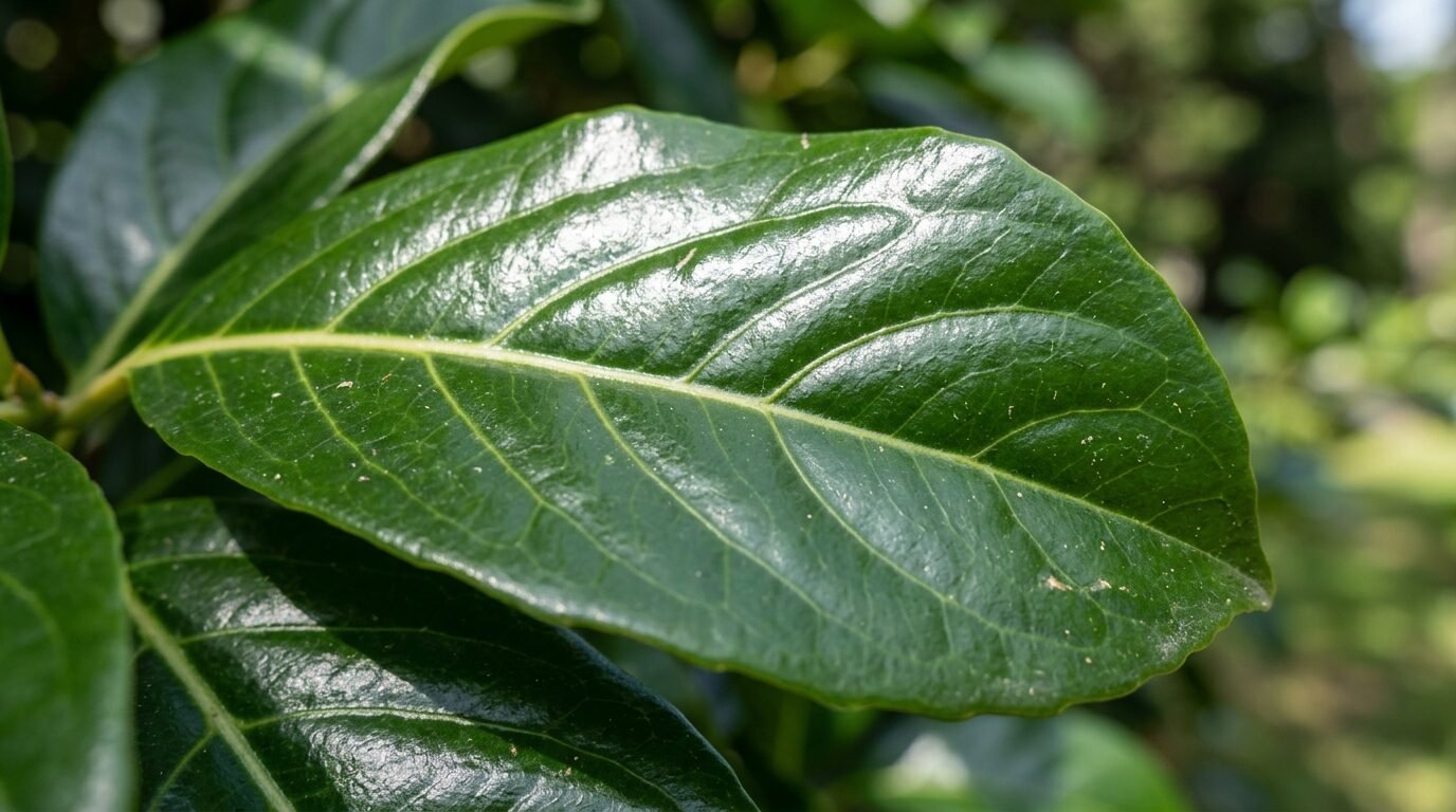 Macro of large, very glossy Sweet Viburnum leaves