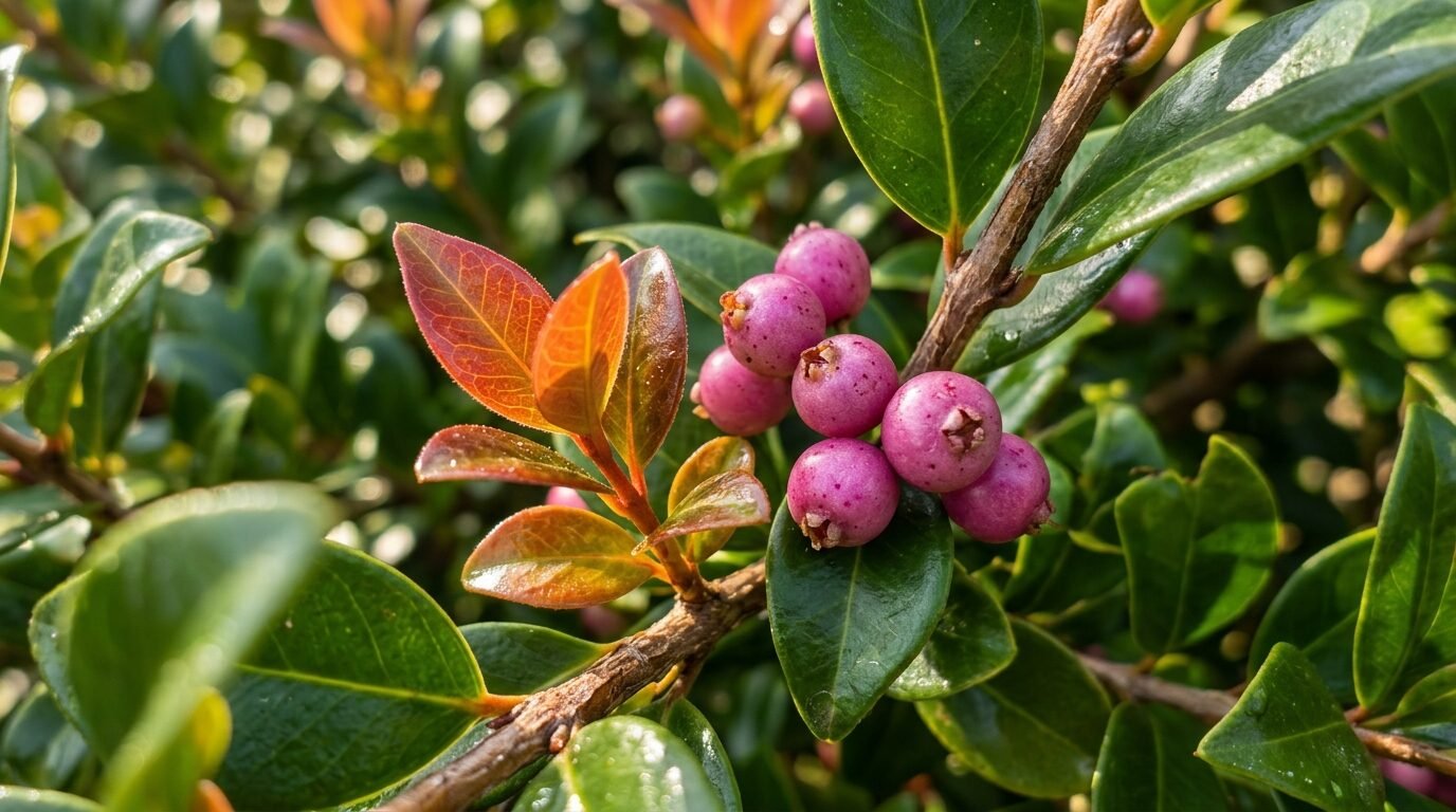Macro of Lilly Pilly foliage with bronze growth and pink berries