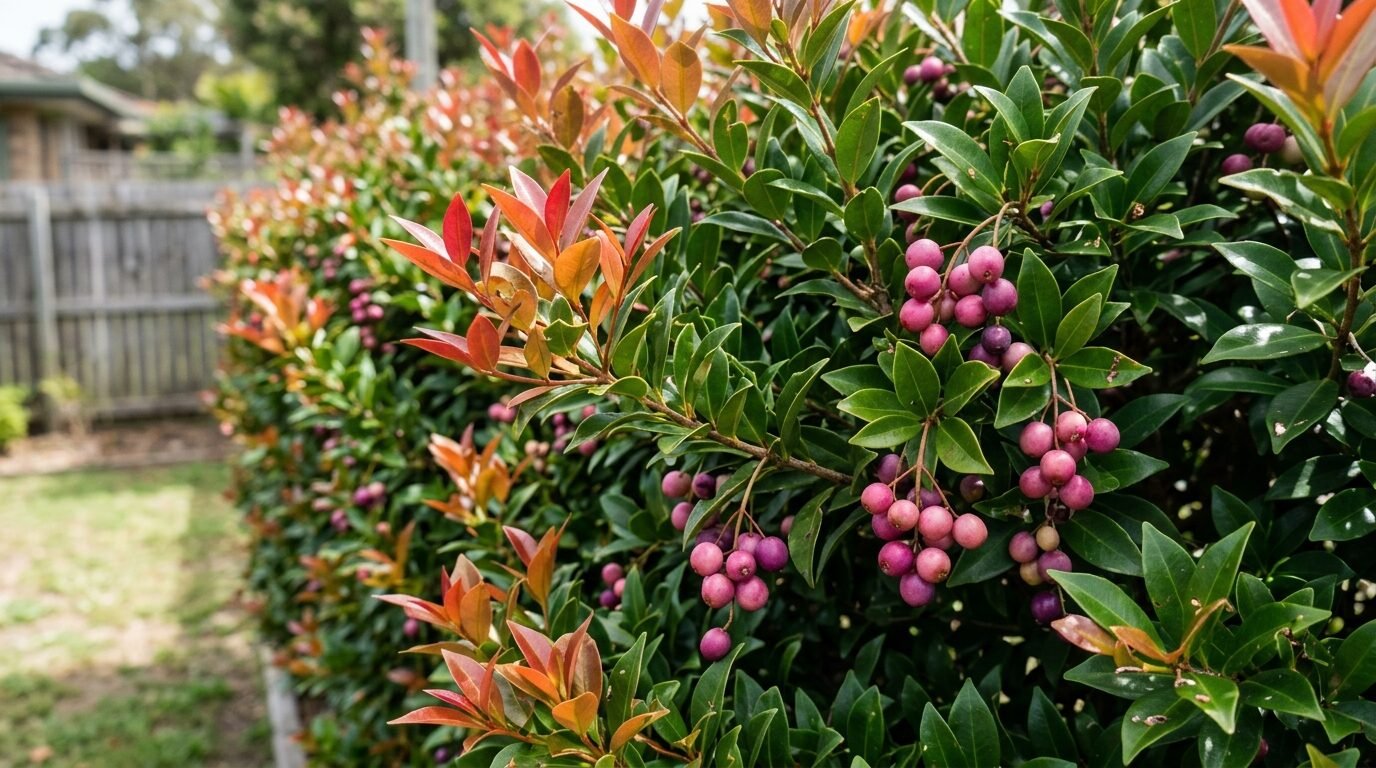 Lilly Pilly hedge showing red-bronze flush and pink berries