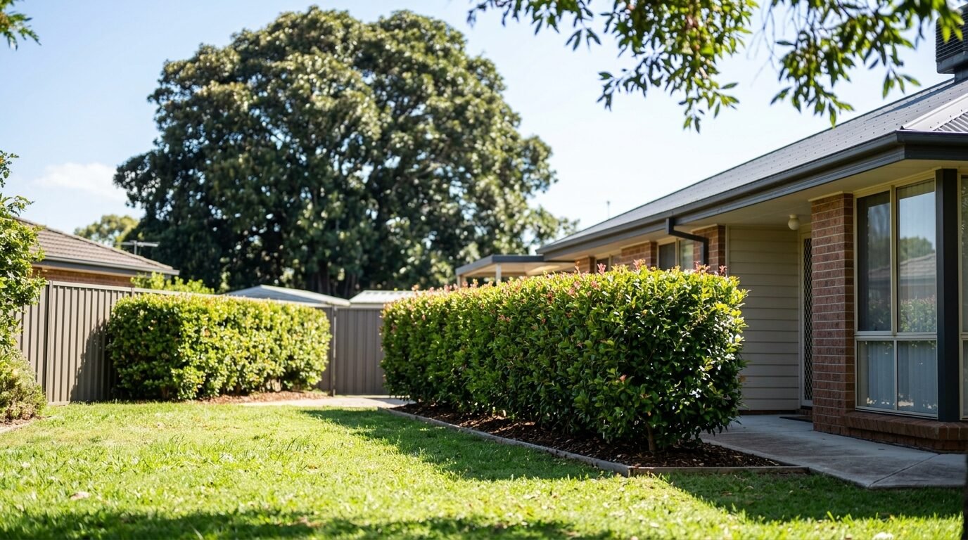 Lilly Pilly hedge by a house with a large Ficus tree in the distance