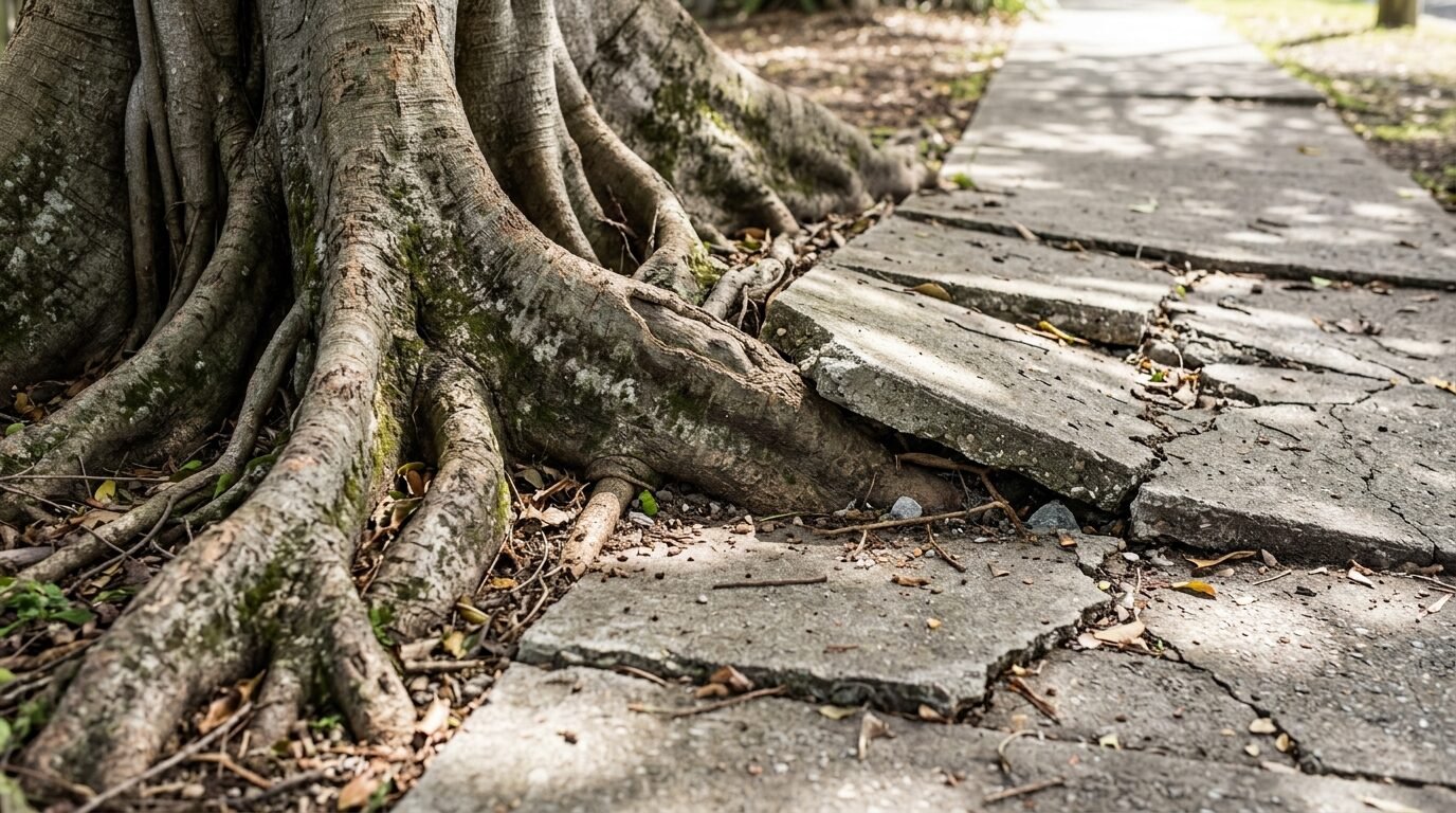 Large fig tree surface roots lifting and cracking a path