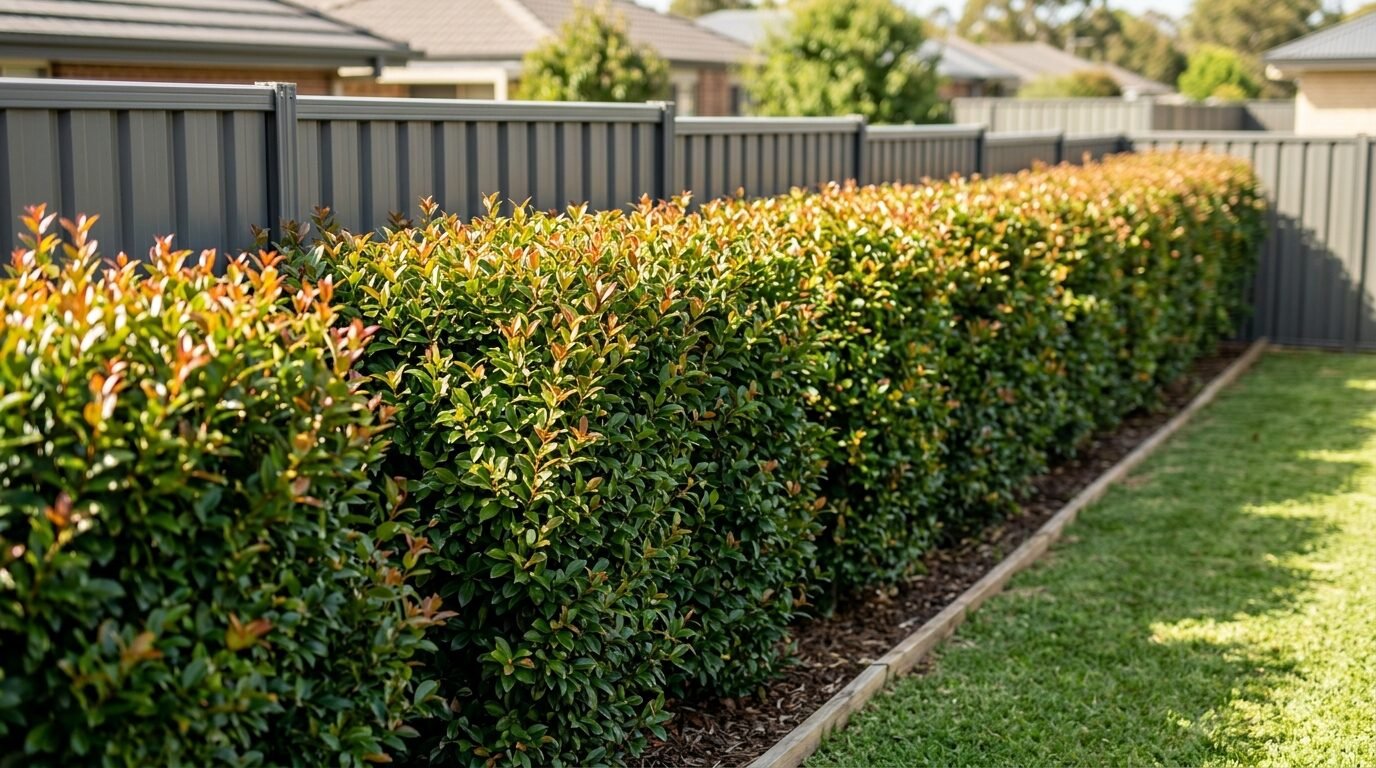 Neat Lilly Pilly hedge running along a suburban boundary fence