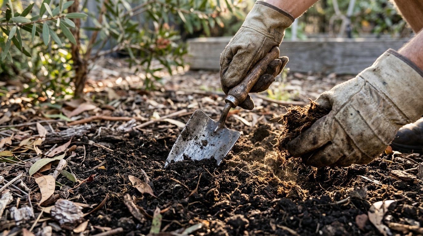 Improving garden soil with compost before planting a magnolia