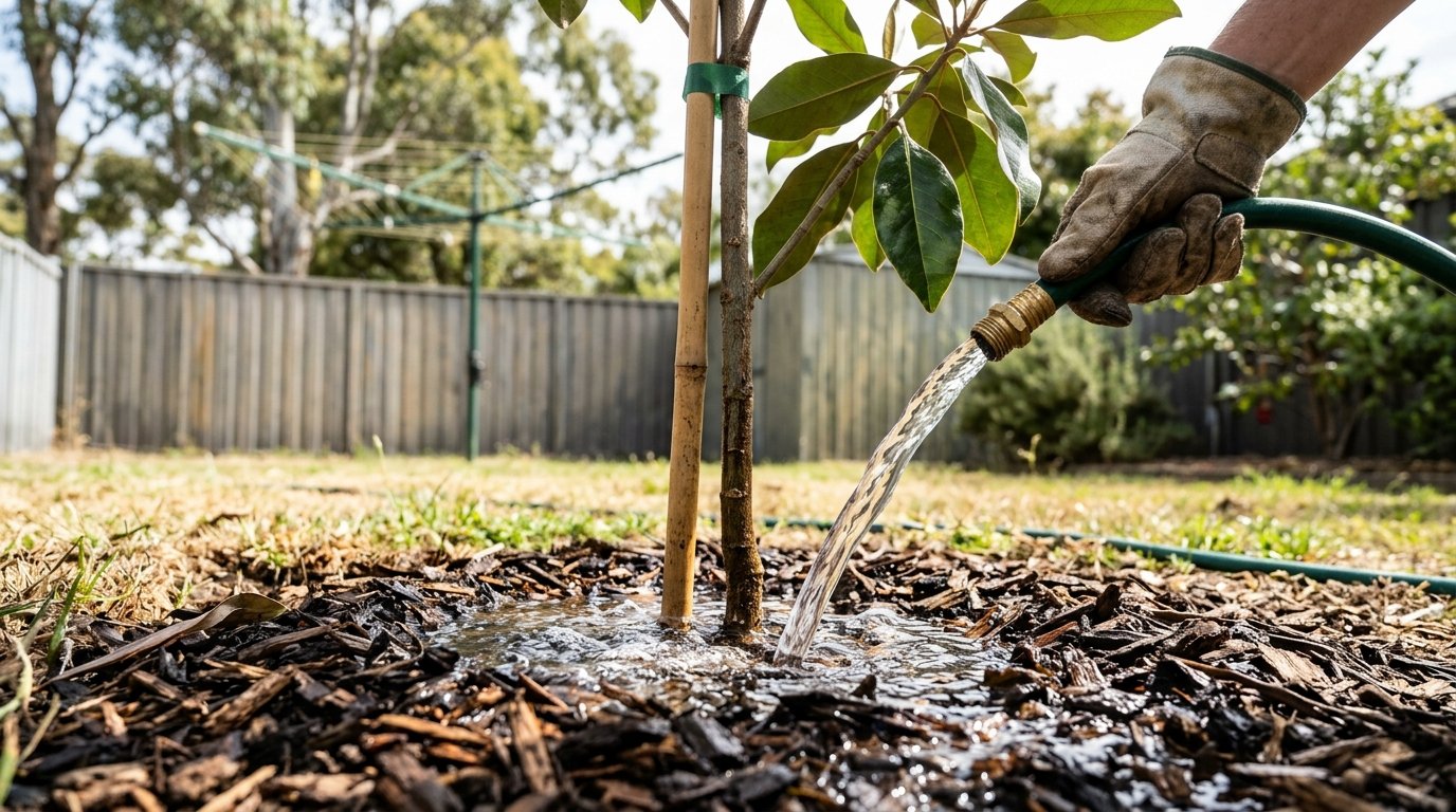 Deep watering a newly planted magnolia in its first summer