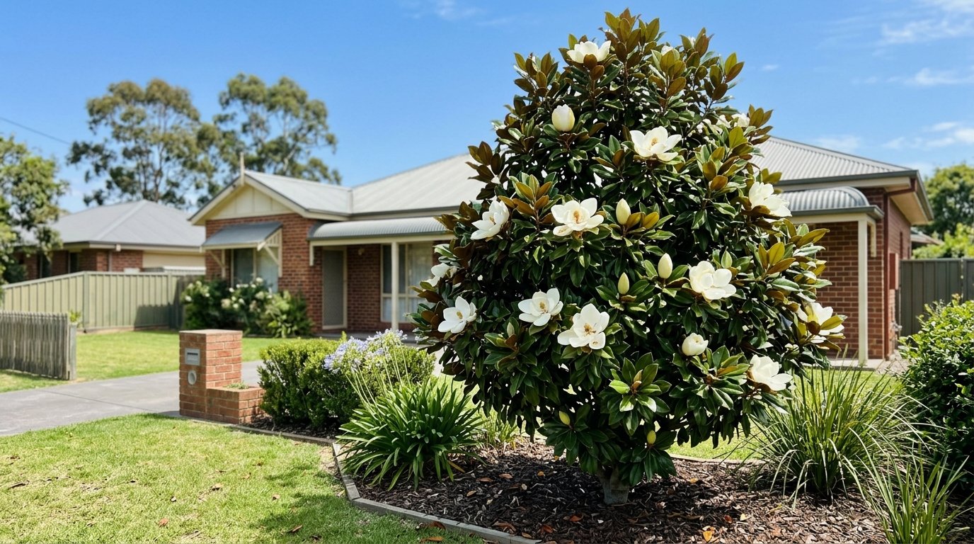 A mature Little Gem Magnolia in flower with large white blooms