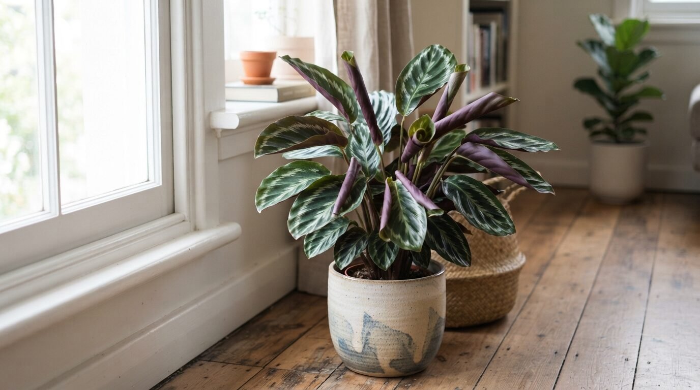 Healthy patterned Calathea by a bright window