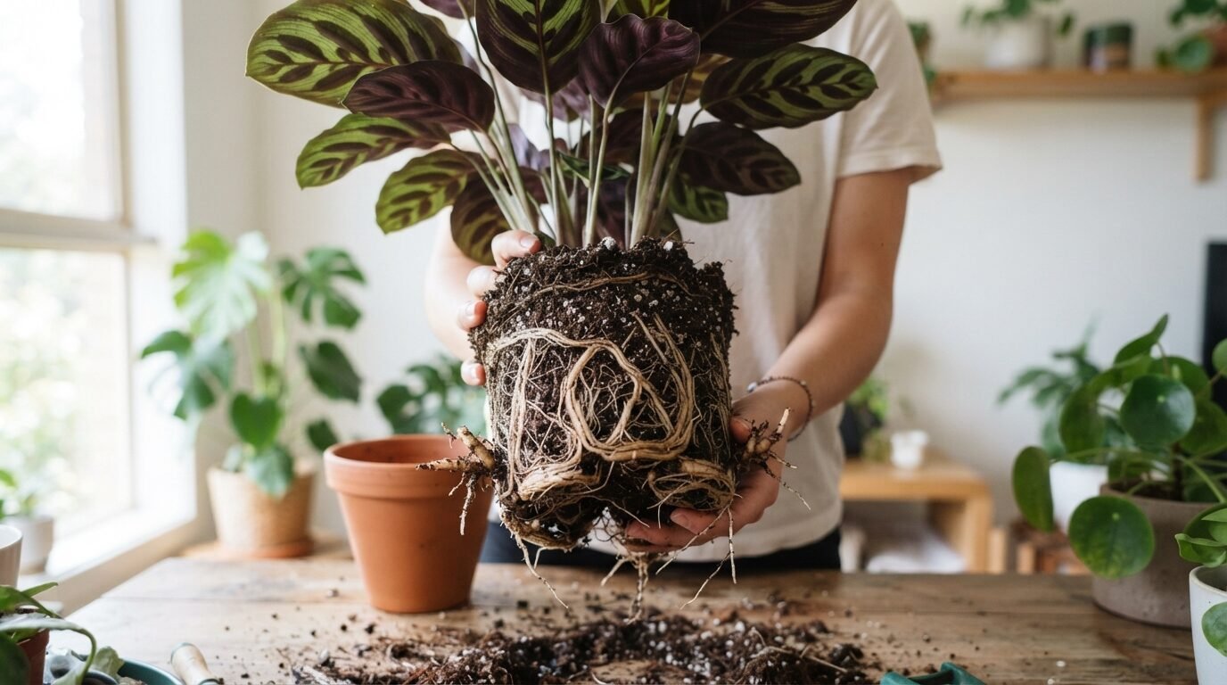 Lifting a Calathea from its pot to divide it