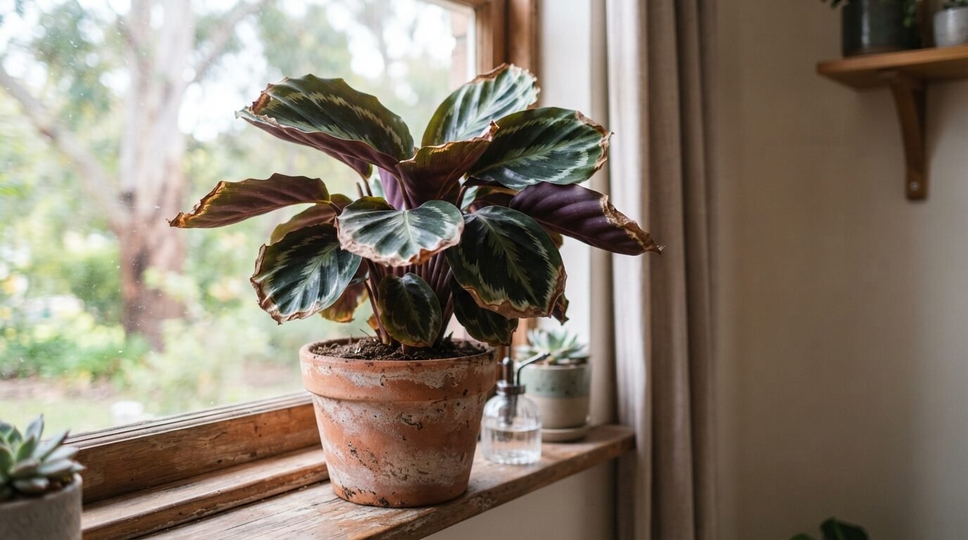 Calathea with curling, inward-rolling leaves