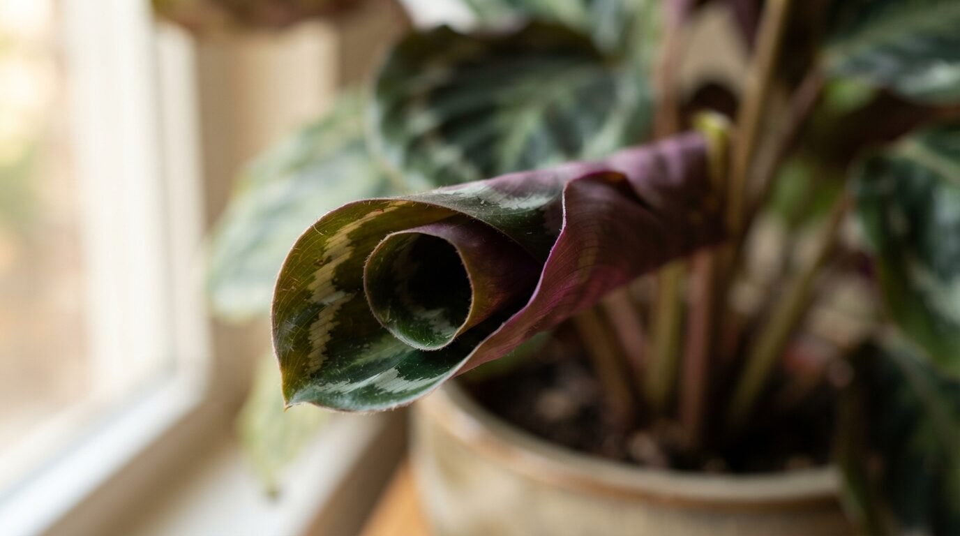 Close-up of a tightly curled Calathea leaf