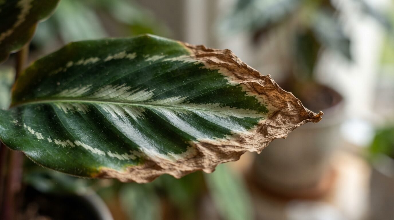 Macro of a Calathea leaf with brown, crispy edges
