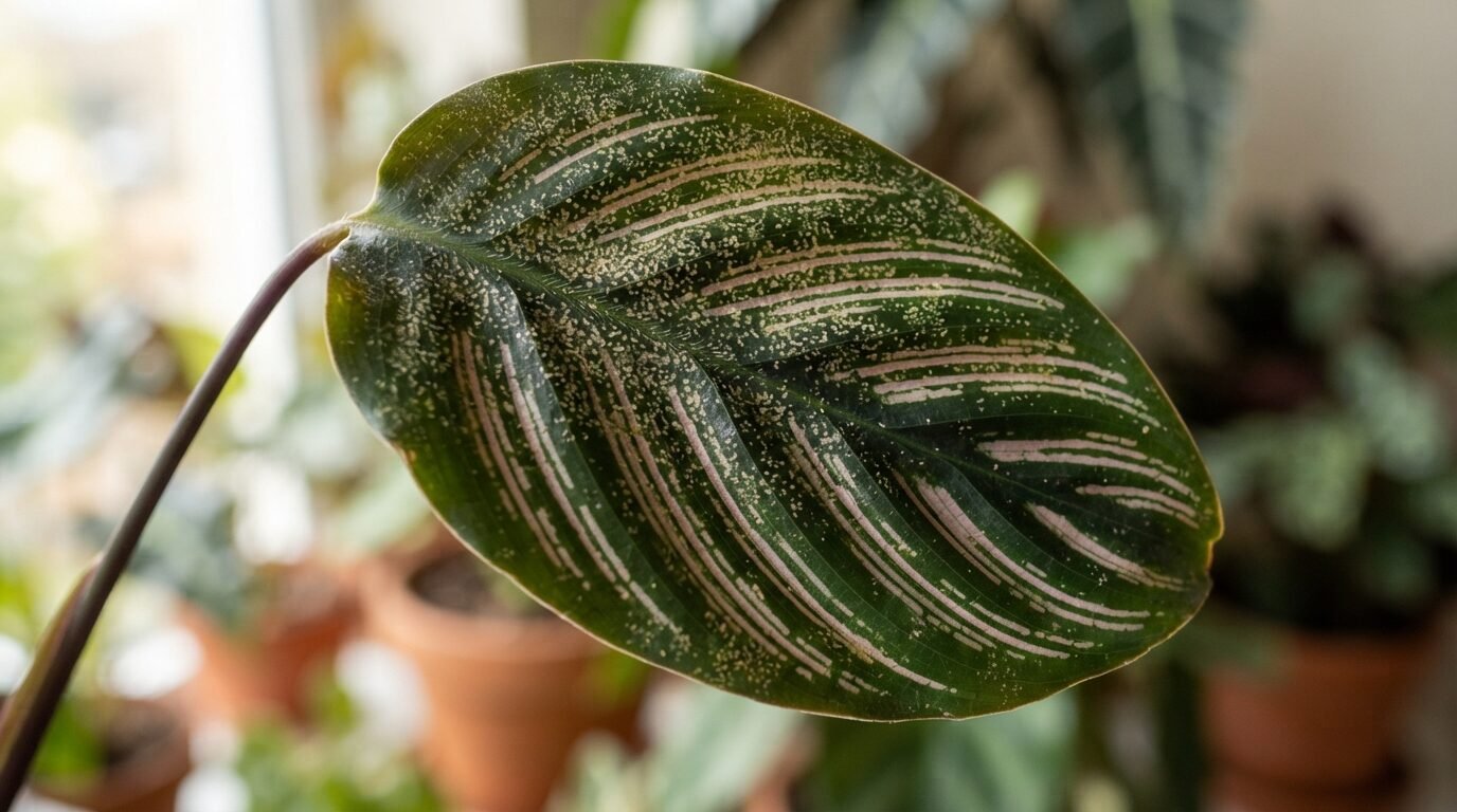 Close-up of patterned Calathea leaf markings