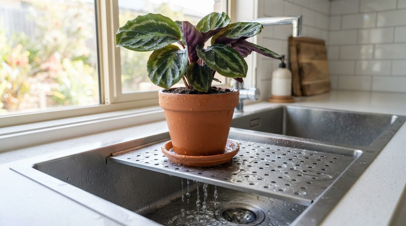 Calathea pot draining in a kitchen sink after watering