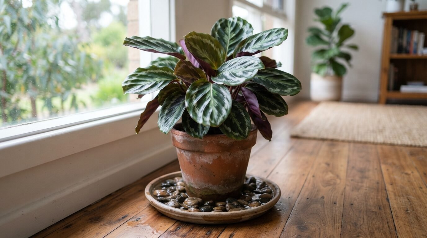 Calathea on a humidity tray by a window