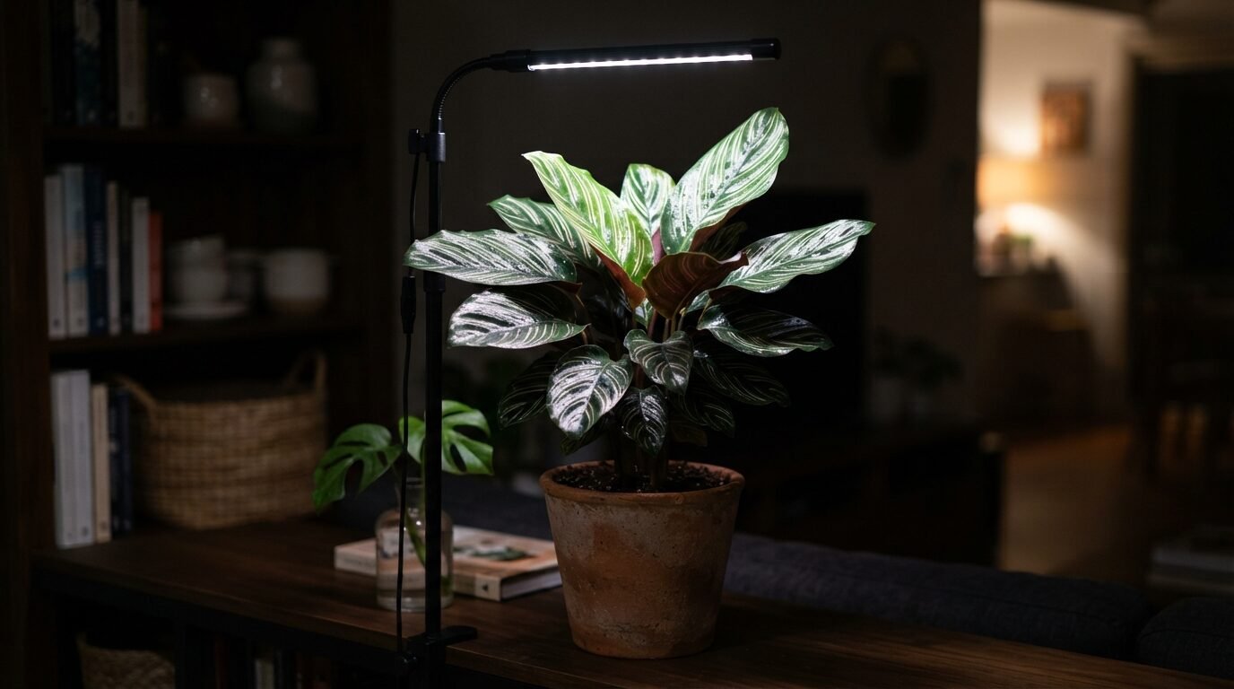 Calathea under an indoor grow light