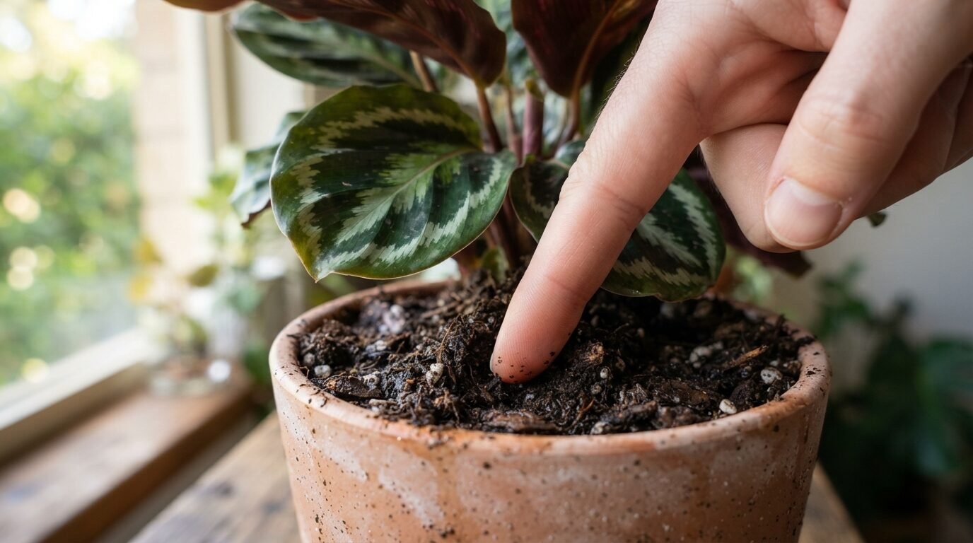 Checking Calathea soil moisture with a finger