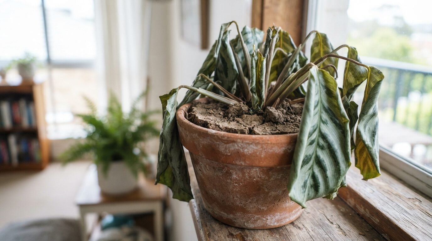 Drooping Calathea with limp, dry leaves