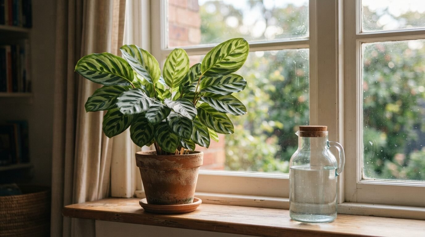 Jug of rainwater beside a Calathea on a windowsill