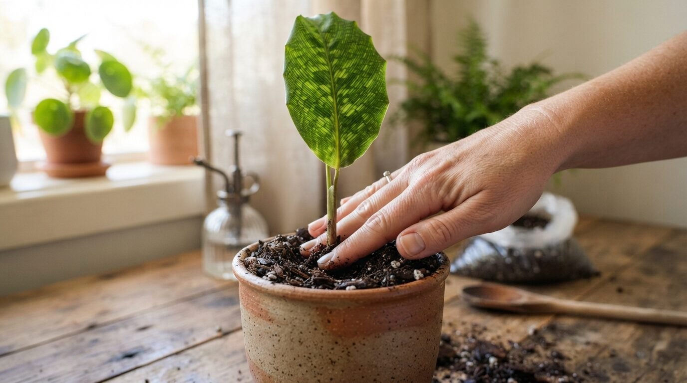 Potting a Calathea division into fresh mix
