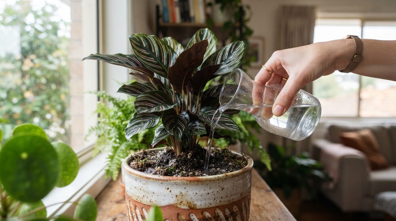 Watering a Calathea with filtered water