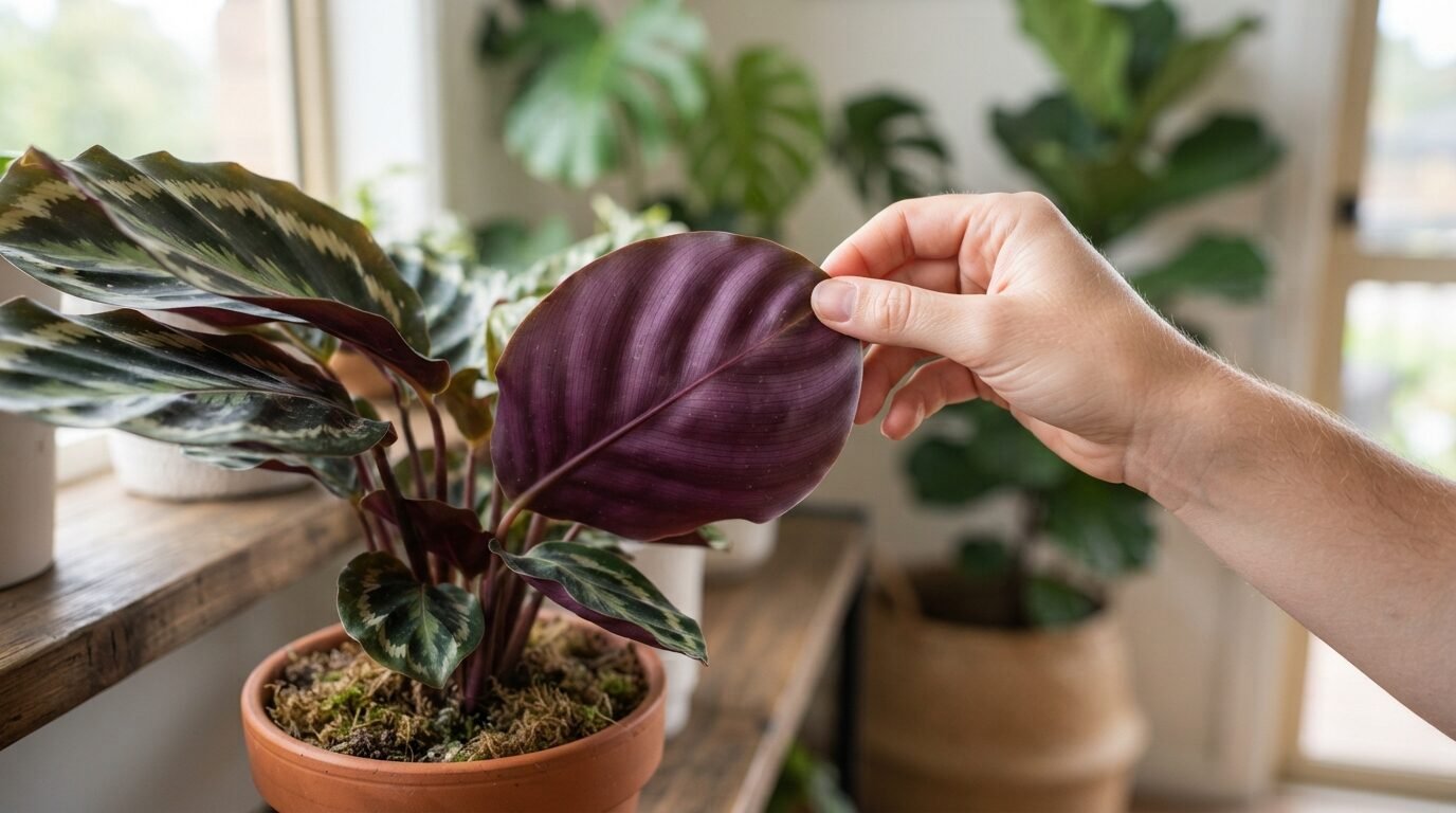 Inspecting the underside of a Calathea leaf for pests