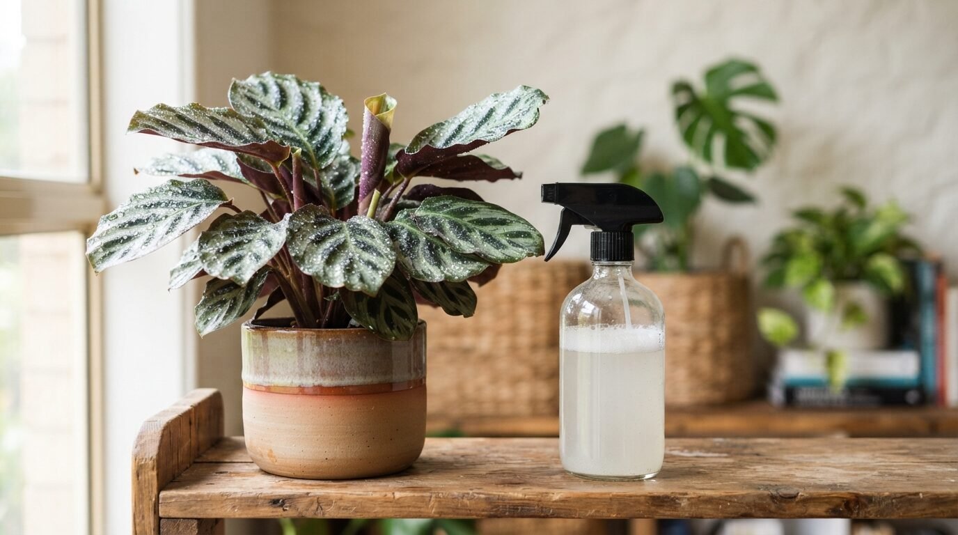 Insecticidal-soap spray bottle beside a Calathea