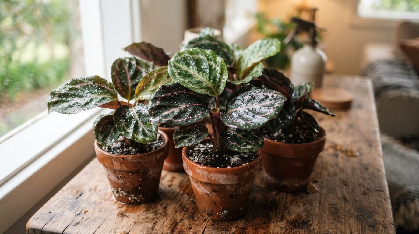 Freshly potted Calathea divisions grouped together