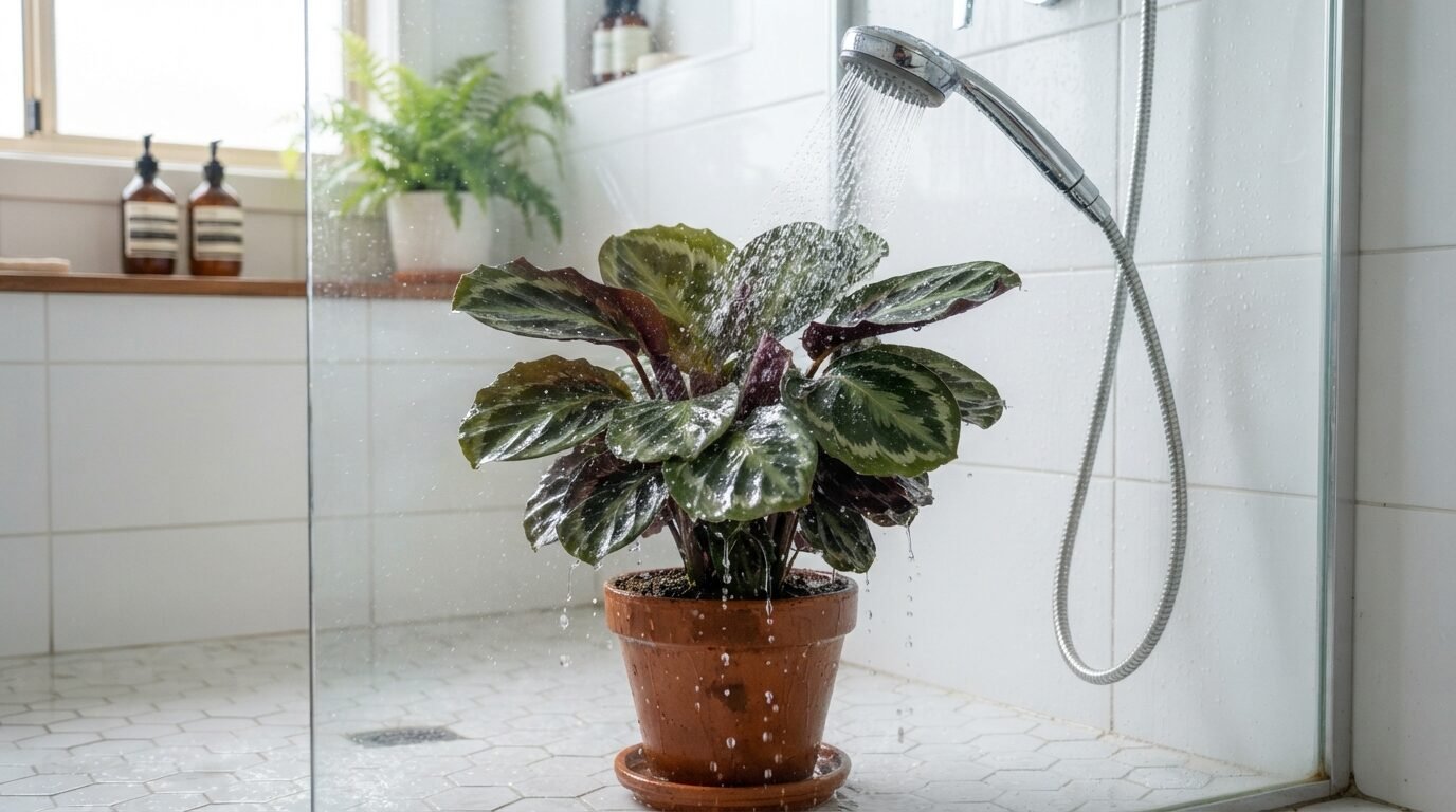 Rinsing a Calathea under a shower to remove pests