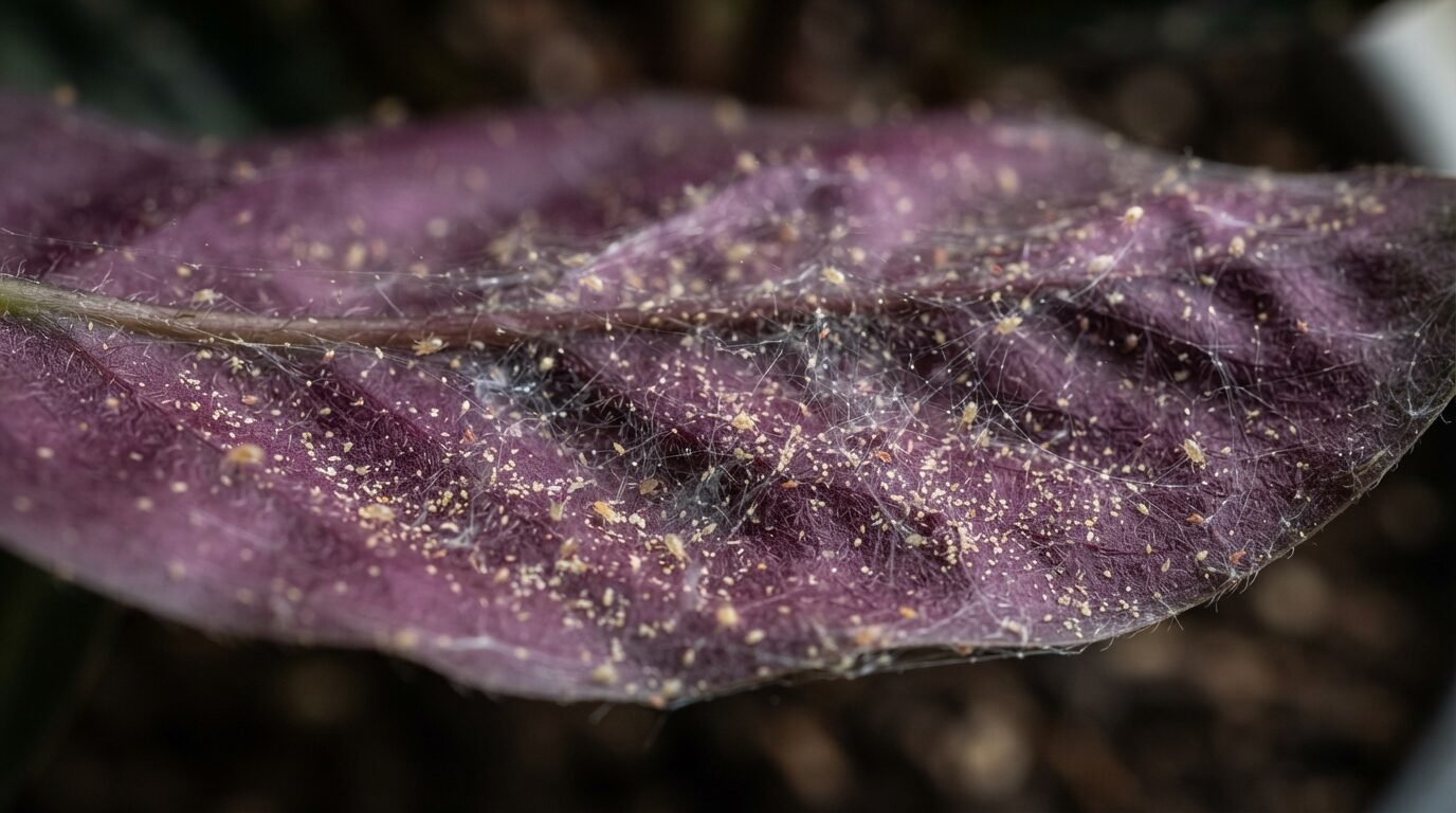 Macro of spider-mite webbing on a Calathea leaf underside