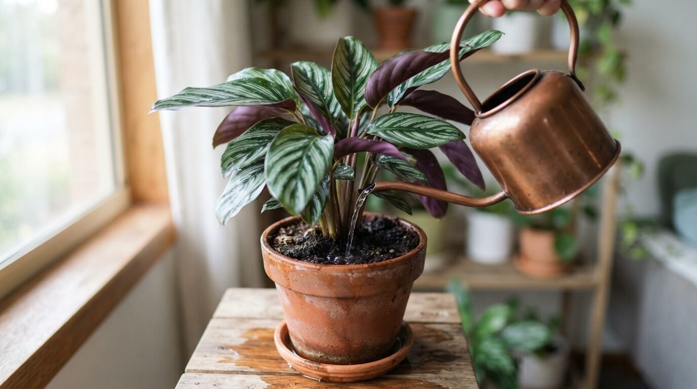 Watering can beside a healthy Calathea