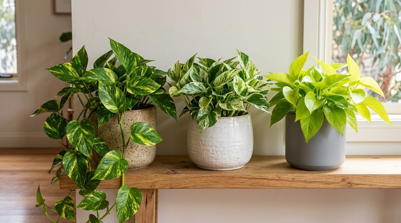 Several potted pothos varieties grouped on a shelf — Golden, Marble Queen and Neon
