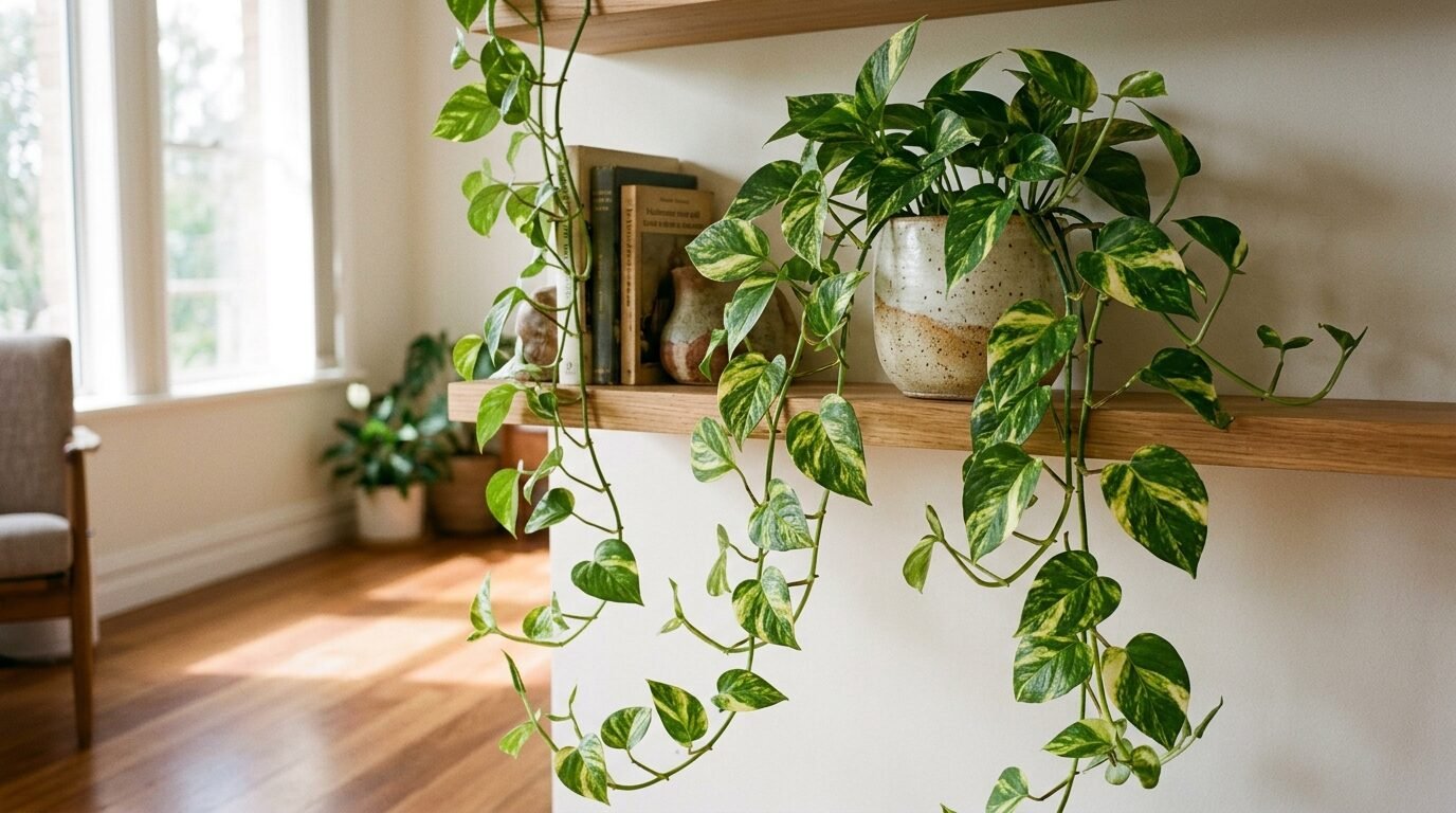 Golden pothos with green-and-gold marbled leaves trailing from a shelf