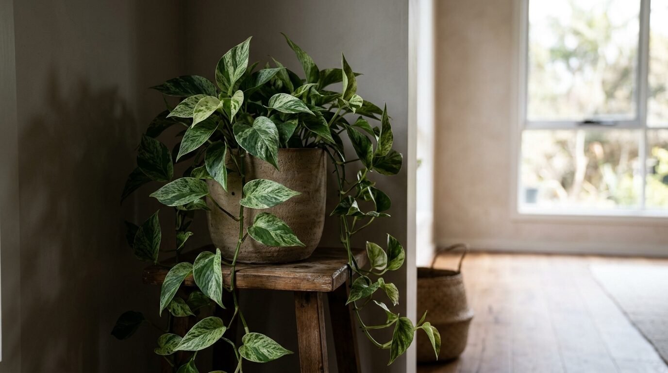 A variegated Marble Queen pothos with heavy white marbling indoors