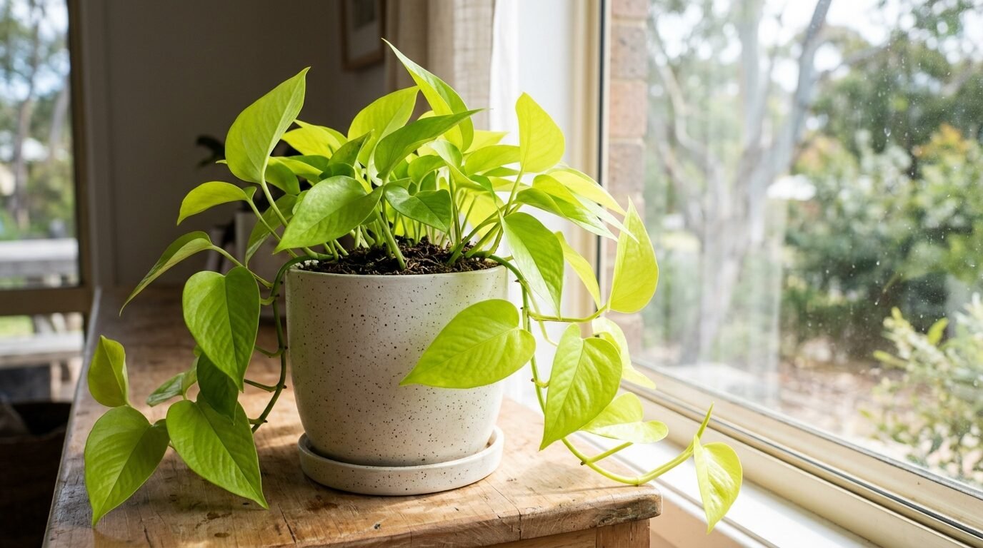 Neon pothos with solid lime-green leaves in a ceramic pot by a window