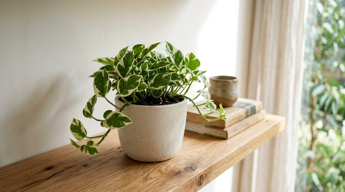 A compact variegated pothos on a shelf
