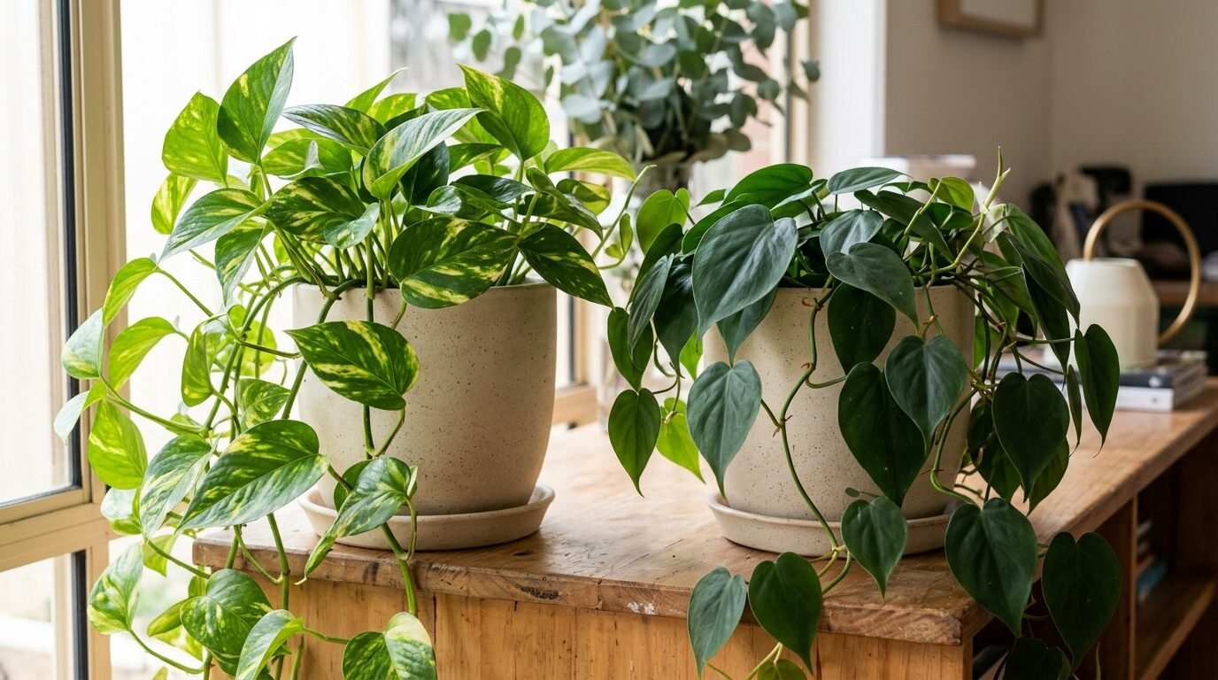 A pothos and a heartleaf philodendron side by side for comparison