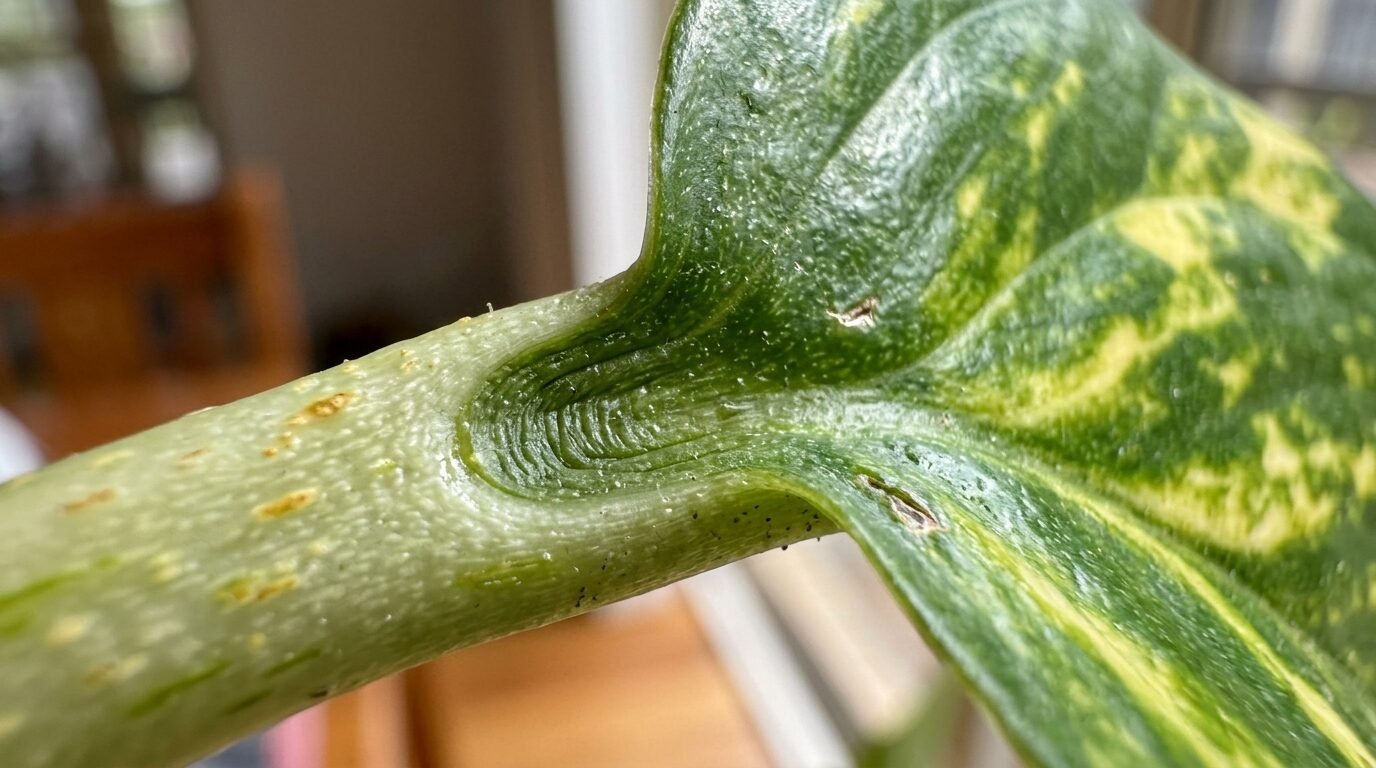 Macro of a glossy pothos leaf showing the grooved leaf stalk