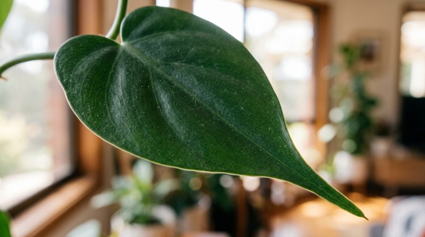 Macro of a soft matte heartleaf philodendron leaf with a long drawn-out tip