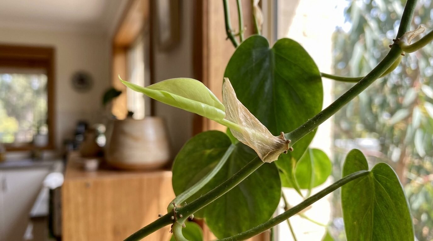 A philodendron new leaf unfurling from a papery cataphyll sheath