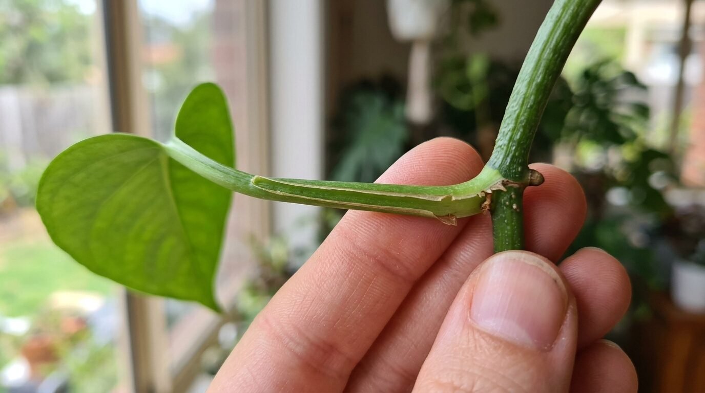 A hand holding a pothos vine, close-up on the leaf stalk